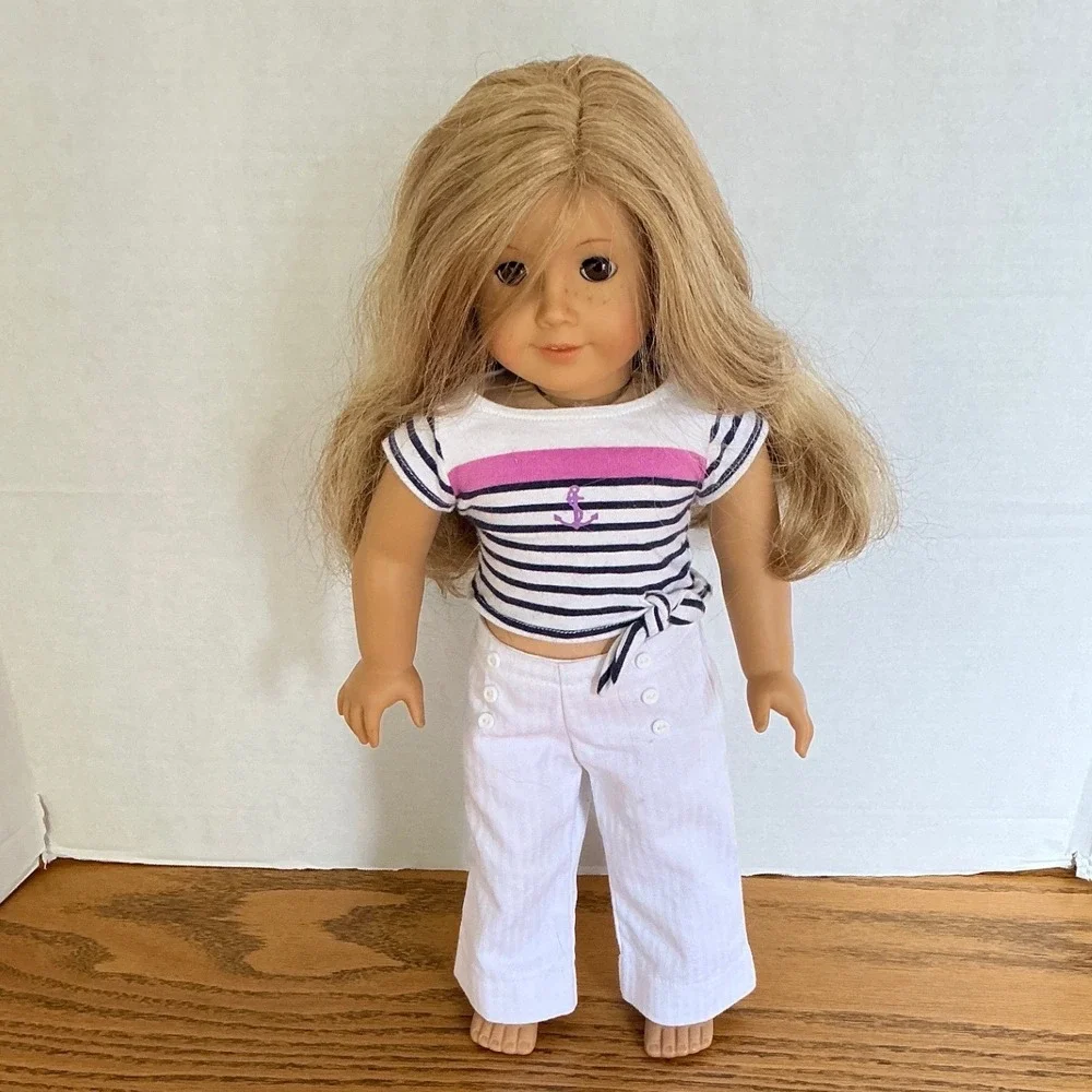 American Girl Doll Long Blonde Hair Brown Eyes Freckles Nautical Outfit 18 Inch